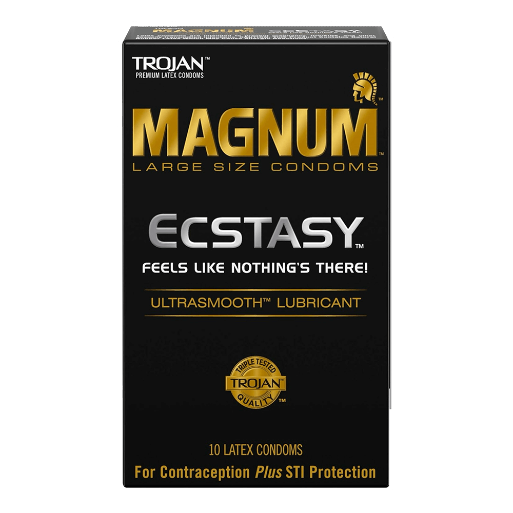 A box of Vegas Party Favors Trojan Magnum Large Size Lubricated Latex Condoms, featuring ultrasmooth latex for a natural sensation, includes 10 condoms with triple-tested quality for effective contraception and STI protection.