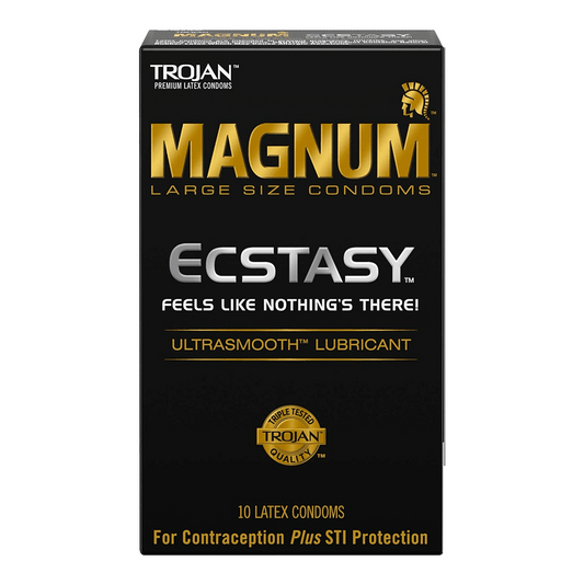 A box of Vegas Party Favors Trojan Magnum Large Size Lubricated Latex Condoms, featuring ultrasmooth latex for a natural sensation, includes 10 condoms with triple-tested quality for effective contraception and STI protection.