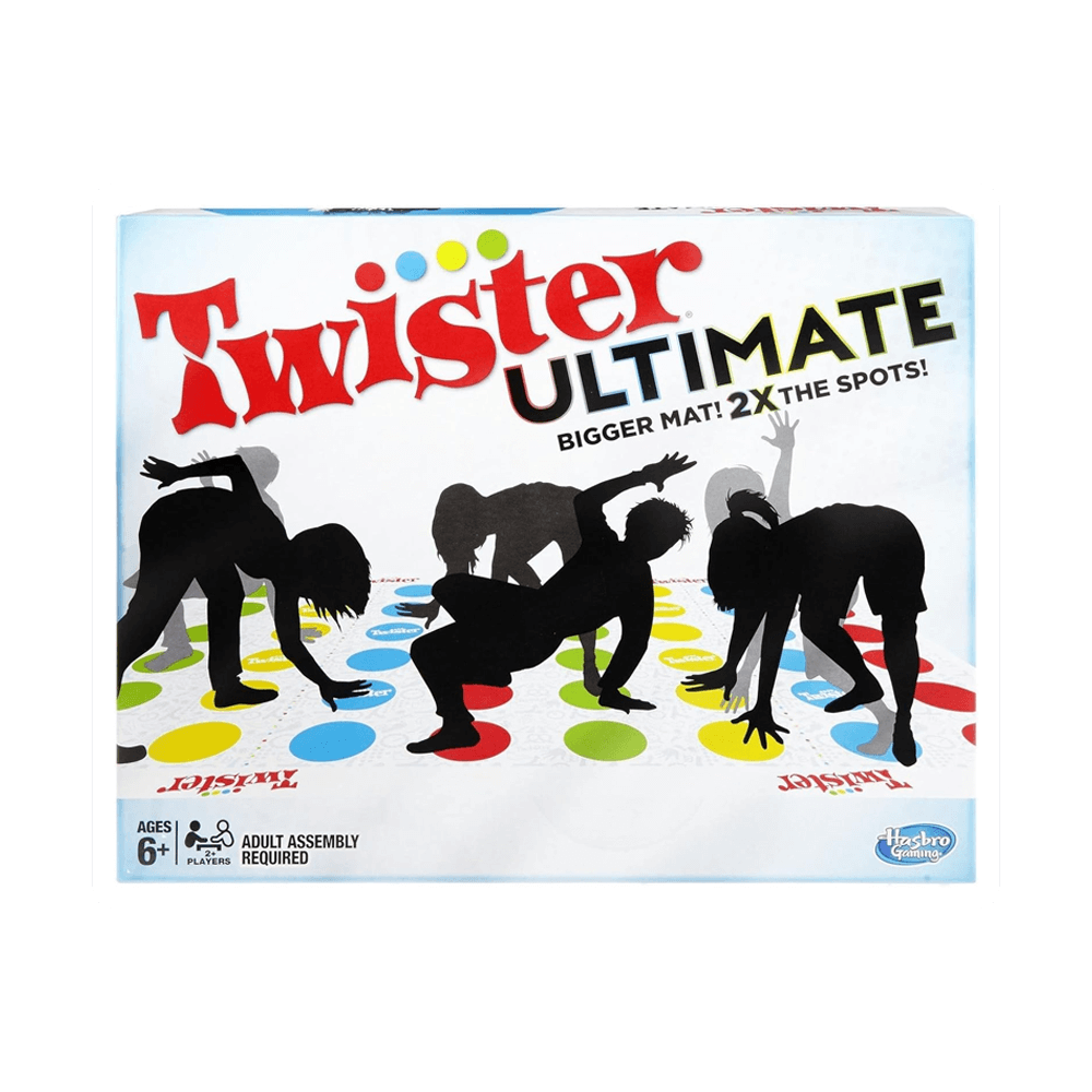 The image shows the Hasbro Gaming Twister Ultimate: Bigger Mat, More Colored Spots by Vegas Party Favors, an indoor and outdoor game featuring an oversized mat. The silhouette of people playing is displayed on the colorful dotted mat. Designed for ages 6+, adult assembly required.