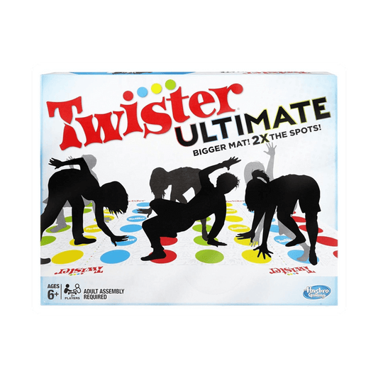 The image shows the Hasbro Gaming Twister Ultimate: Bigger Mat, More Colored Spots by Vegas Party Favors, an indoor and outdoor game featuring an oversized mat. The silhouette of people playing is displayed on the colorful dotted mat. Designed for ages 6+, adult assembly required.