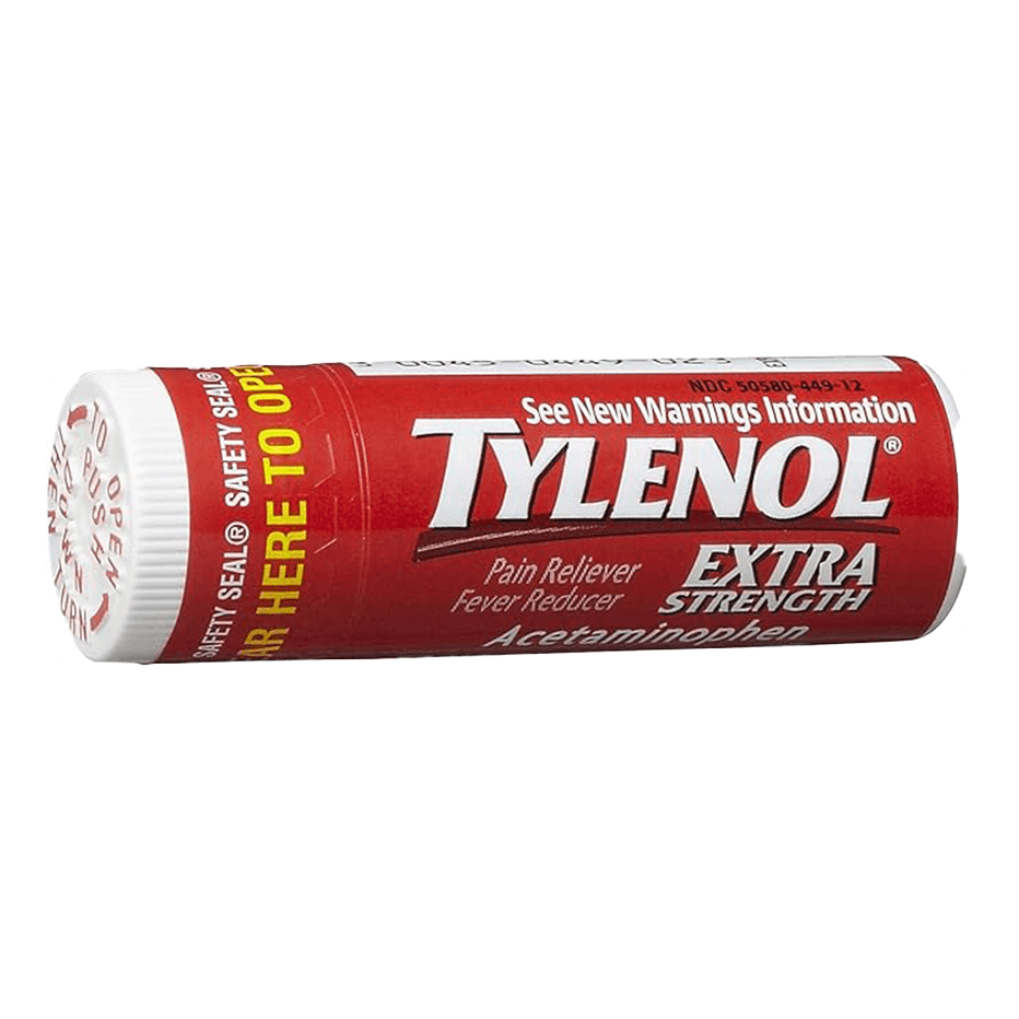 The eye-catching red packaging of Vegas Party Favors Tylenol Extra Strength Caplets, containing acetaminophen for effective pain relief and fever reduction, advises users to Push down and turn the cap for safety and includes a cautionary note to check for updated information.