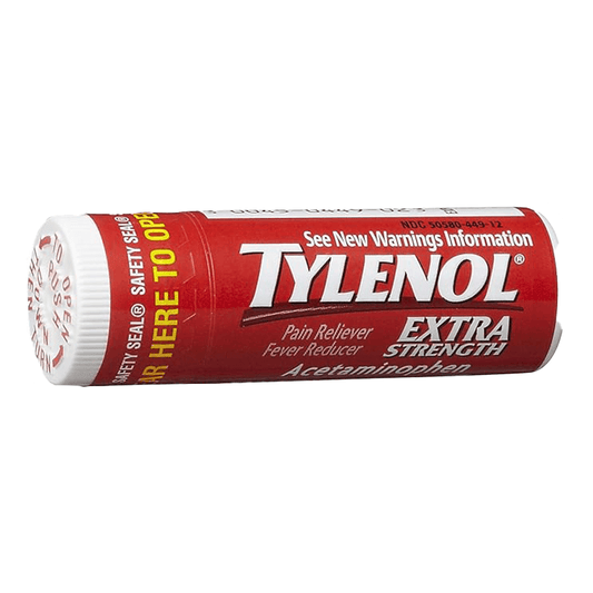 The eye-catching red packaging of Vegas Party Favors Tylenol Extra Strength Caplets, containing acetaminophen for effective pain relief and fever reduction, advises users to Push down and turn the cap for safety and includes a cautionary note to check for updated information.