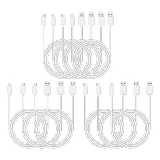 The Smays USB C Cables by Vegas Party Favors feature six identical 3ft white cords, arranged in a triangular formation. Each fast-charging Type C cable has neatly coiled connectors that are reversible for easy use and symmetrically spaced apart.