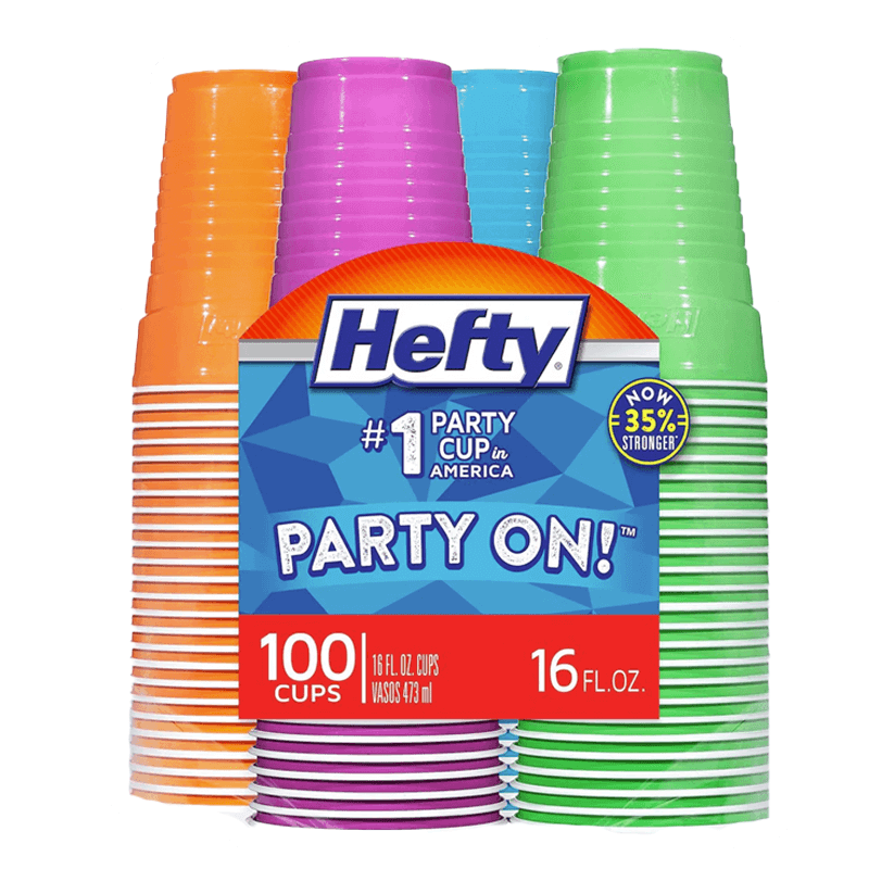 The Vegas Party Favors Hefty Party On Disposable Plastic Cups come in assorted vibrant colors, are labeled as #1 Party Cup in America, and include 100 easy-to-grip, 35% stronger cups of 16 ounces each, perfect for any celebration!.