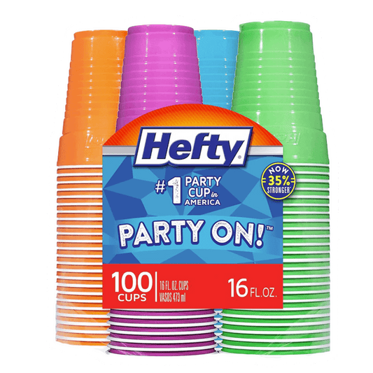 The Vegas Party Favors Hefty Party On Disposable Plastic Cups come in assorted vibrant colors, are labeled as #1 Party Cup in America, and include 100 easy-to-grip, 35% stronger cups of 16 ounces each, perfect for any celebration!.