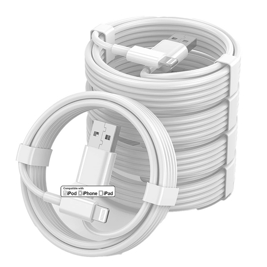 The Vegas Party Favors Apple MFi Certified 3ft USB to Lightning cable, in white, is designed for fast charging and compatible with various iPhone models and iPads. Its ultra-durable, comes neatly bundled with plastic clips, and is displayed against a white background.