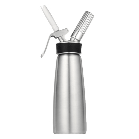 Introducing the iSi North America Cream Profi Whip by Vegas Party Favors, a stainless steel whipper for perfect cold applications like whipped cream. Its sleek, modern matte silver design adds a touch of elegance to any kitchen.