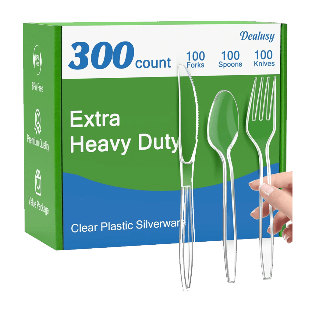 The Vegas Party Favors 300 Count Extra Heavy Duty Clear Plastic Silverware set includes 100 forks, spoons, and knives. BPA-free and heat resistant, this disposable plastic cutlery offers premium quality and value, as demonstrated by its sturdy construction visible when a hand holds the utensils.