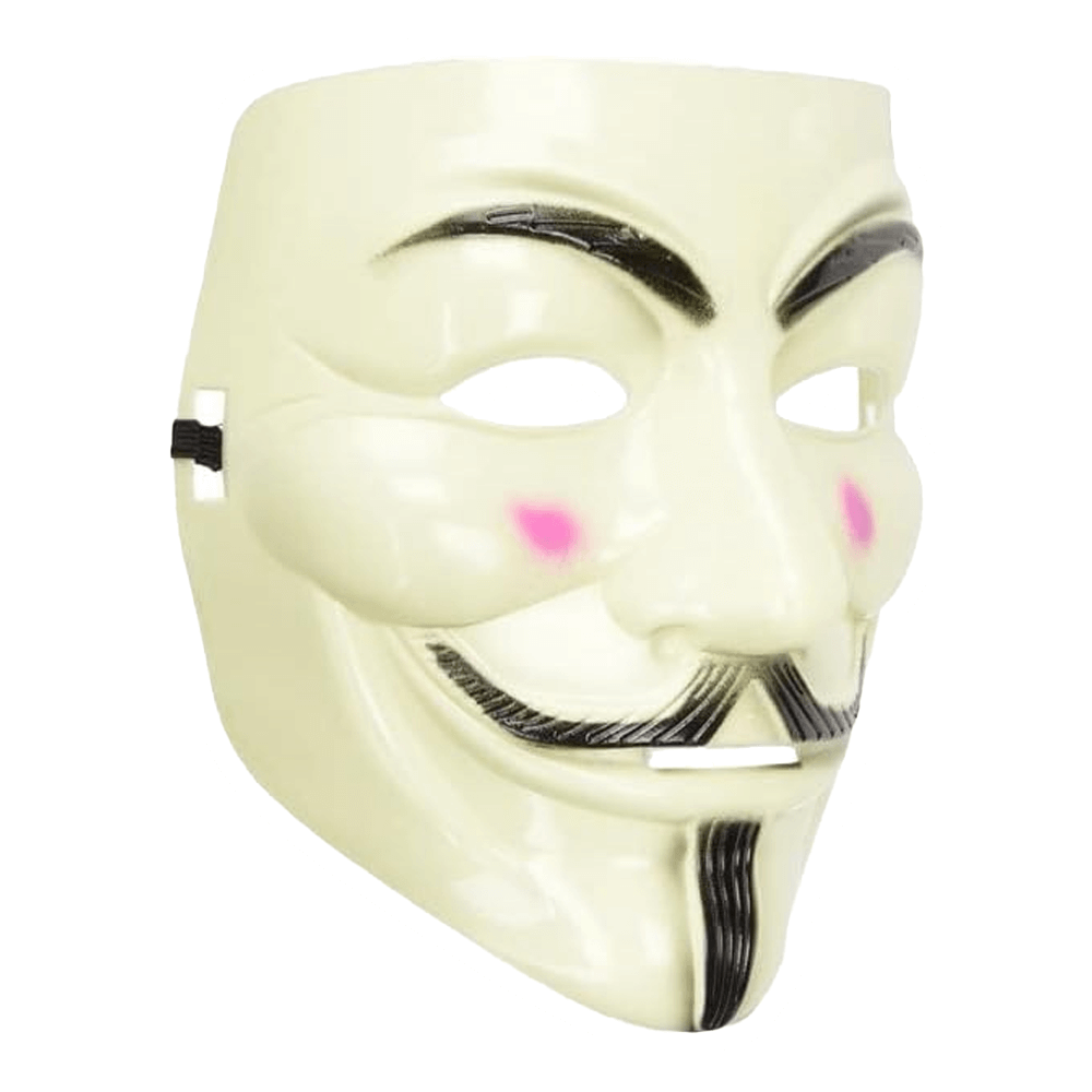 The Vegas Party Favors V for Vendetta Anonymous Guy Fawkes Plastic Mask features a stylized white design with mischievous smile, arched eyebrows, pointed mustache, thin goatee, and light pink cheeks—perfect as a Halloween costume accessory.