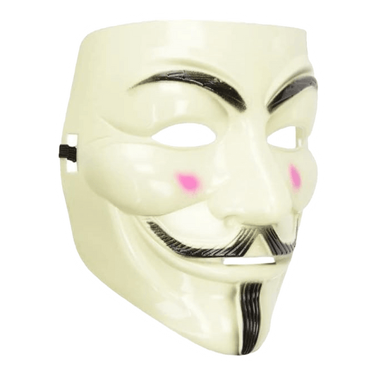 The Vegas Party Favors V for Vendetta Anonymous Guy Fawkes Plastic Mask features a stylized white design with mischievous smile, arched eyebrows, pointed mustache, thin goatee, and light pink cheeks—perfect as a Halloween costume accessory.