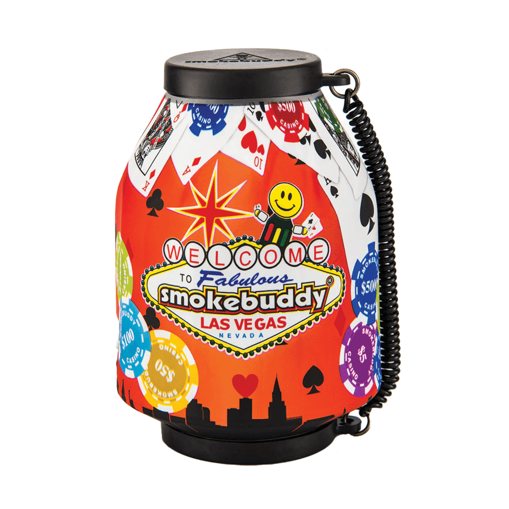 The Las Vegas Smokebuddy Original Personal Air Filter by Vegas Party Favors features playing cards, poker chips, and city skyline graphics. It includes a smiling face and vibrant Fabulous Las Vegas text, ensuring an odorless air experience.