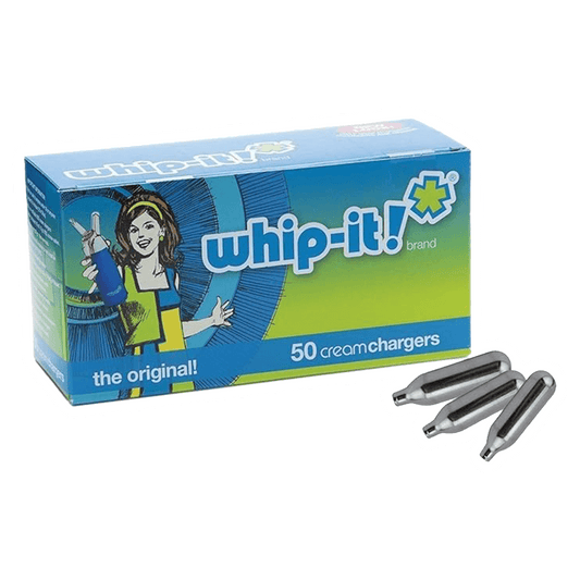 Box of Vegas Party Favors Whip-it! 50 Pack Whipped Cream Chargers featuring a colorful illustration of a woman on recyclable steel packaging, includes 50 chargers. Three individual whipped cream dispensers are depicted next to the box.