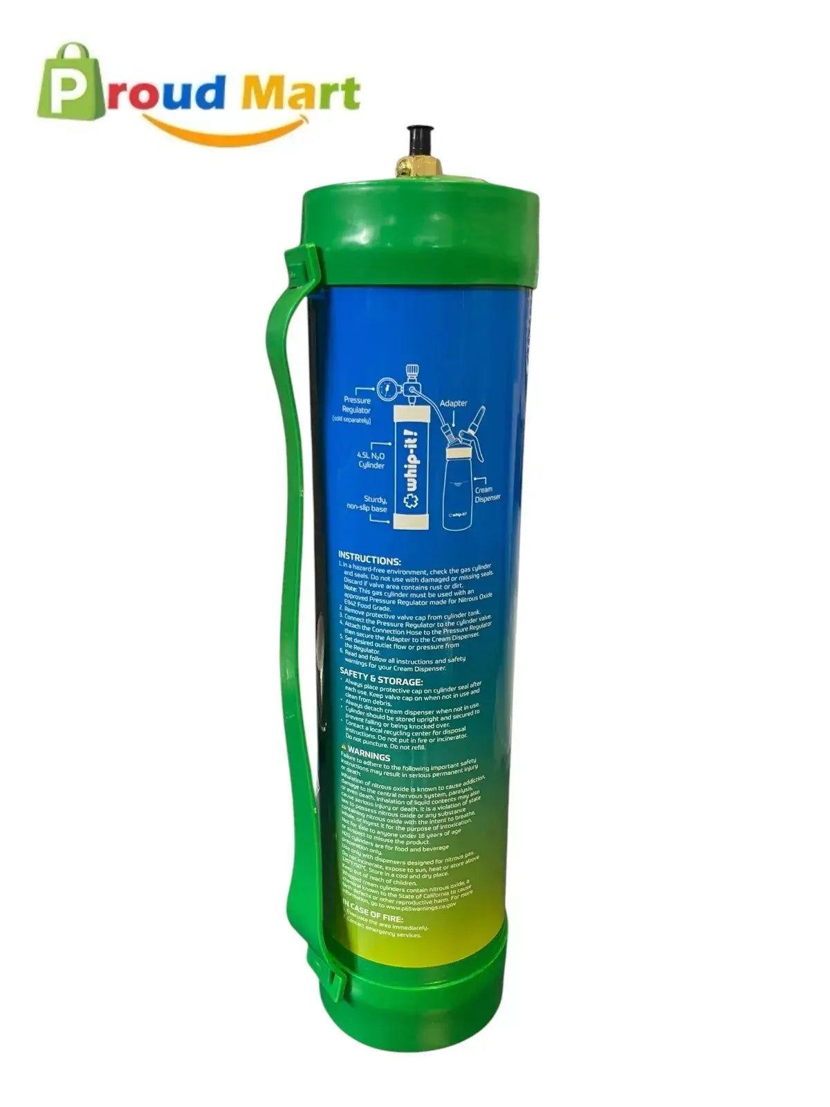 A tall cylindrical water filter with a green base and top, featuring a handle, mimics the sleek design of the Whip-It! N20 Cream Charger 4.5L by Vegas Party Favors. Instructions and a diagram are printed on its blue body, with the Proud Mart logo in the top left corner.