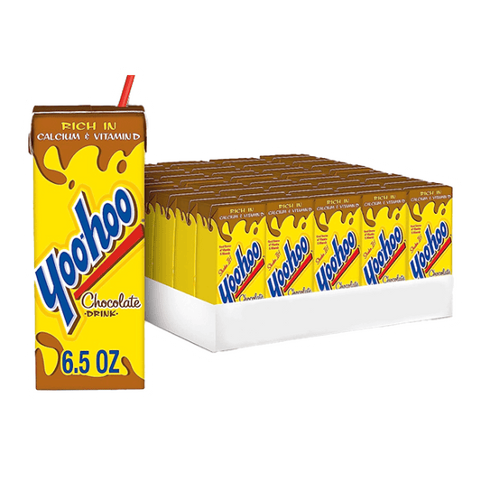 A display of Yoo-hoo Chocolate Drink boxes from Vegas Party Favors, featuring the iconic yellow packaging with Yoo-hoo and Rich in Calcium & Vitamin D. Known as a snack time favorite, one box stands upright, showcasing its 6.5 fl oz size.