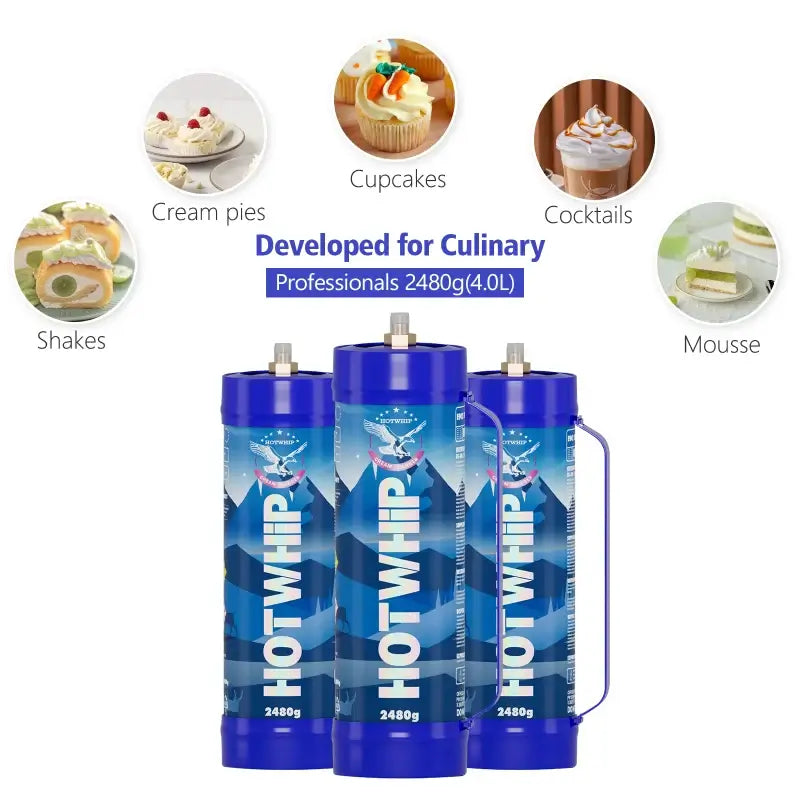 Image of three blue Vegas Party Favors Whipped Cream Charger 4.0L Food Grade Tanks labeled Developed for Culinary Professionals 2480g (4.0L), certified safe, surrounded by nitrous oxide whipped cream-topped desserts such as cream pies, cupcakes, cocktails, shakes, and mousse.