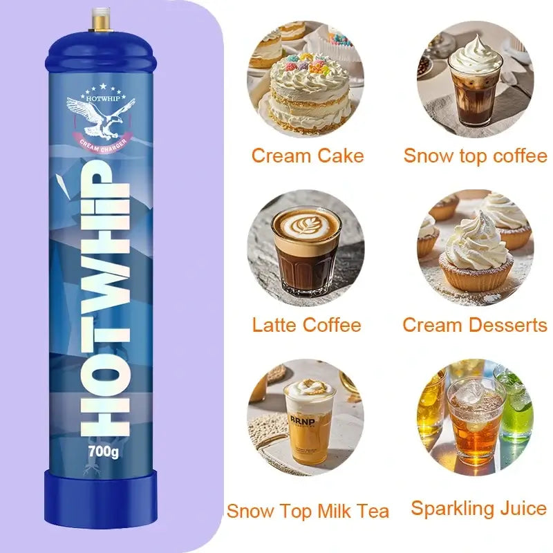 A blue 1.1L cream charger canister labeled Vegas Party Favors shows six dessert and drink images: cream cake, snow top coffee, latte coffee, cream desserts, snow top milk tea, and sparkling juice. It uses nitrous oxide to enhance whipped creations.